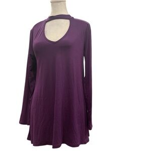 BRENDA’S S purple choker collar long sleeve stretchy knit A line top